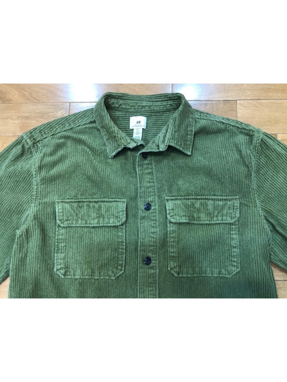 H&M Olive Green Corduroy Shacket 100% Cotton Button Front Sz L Utility Workwear